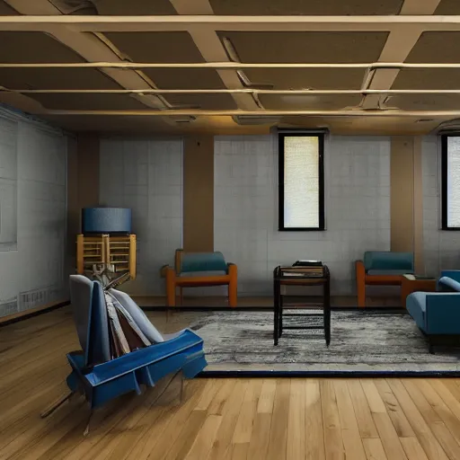 Image similar to Sci fi engine room living room, cybernetic wallpaper, thunderstrike walls, unreal engine 5 tech demo, zillow interior, cool tint, metallic reflective, octane render, Frank Lloyd Wright ((Studio Ghibli))