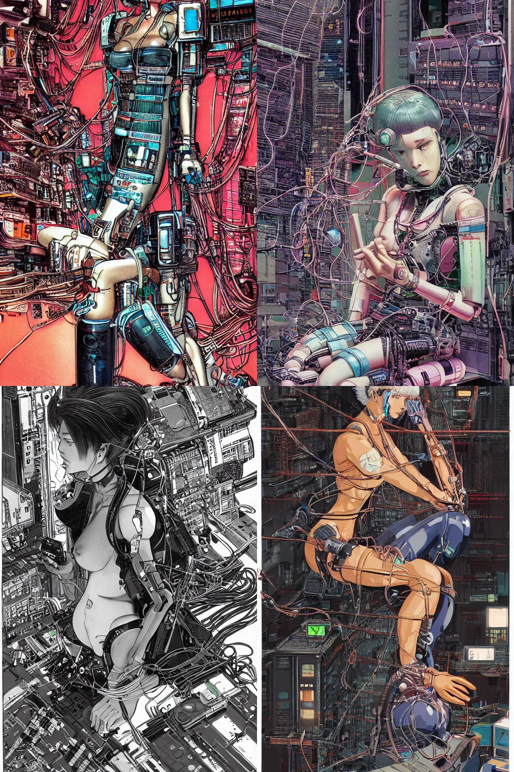 Prompt: an hyper-detailed cyberpunk illustration of a female android seated on the floor in a tech labor, seen from the side with her body open showing n cables and wires coming out, by masamune shirow, and katsuhiro otomo, japan, 1980s, centered, colorful