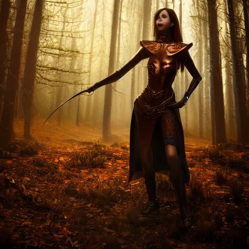 Image similar to highly detailed, ultra realistic, cinematic, woman full body with a copper nose and copper claws, high detail, 8 k, sharp focus, movie still, dramatic lighting, ray tracing, smooth, a female evil demonic character of kazakh mythology, jeztyrnak, standing in the night forrest