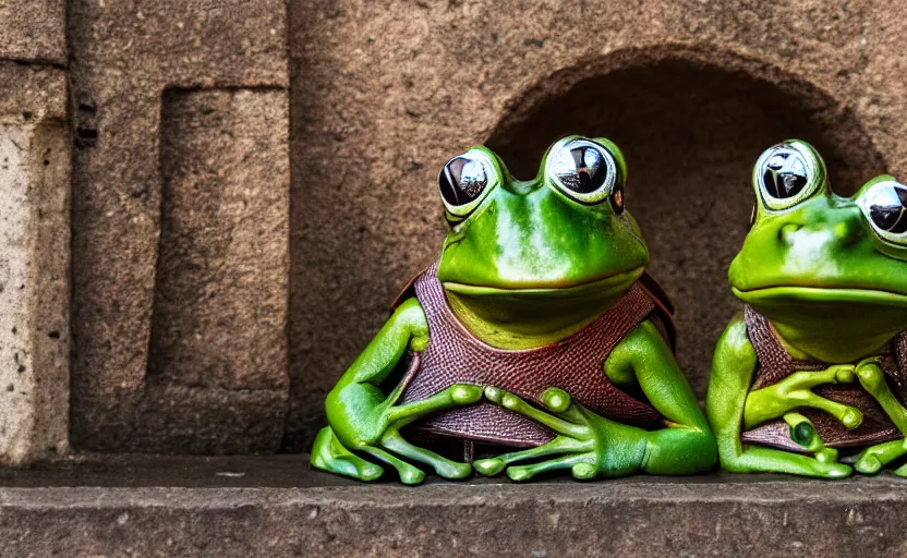 Image similar to happy frogs at a medieval throne castle, highly detailed, extremely high quality, hd, 4 k, 8 k, professional photographer, 4 0 mp, lifelike, top - rated, award winning, cinematic, realistic, detailed lighting, detailed shadows, sharp, no blur, edited, corrected, trending