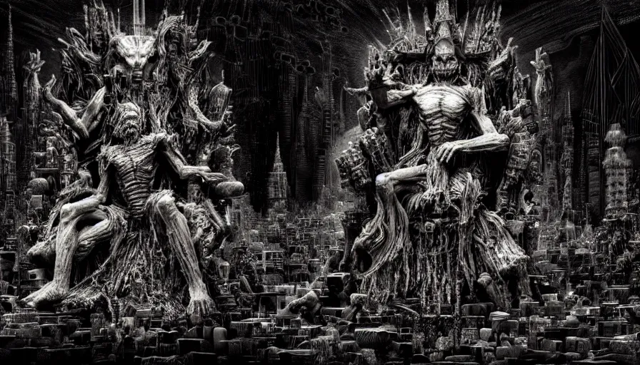 Prompt: highly detailed dark rotting god god sitting on a throne of bodies, night, death, fear, horror, religion, in style of minecraft, monochrome, cyberpunk, by caravaggio, hyperrealism, detailed and intricate environment