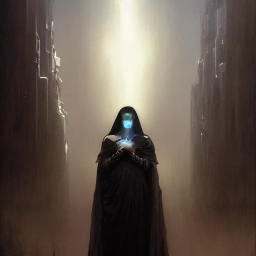 Image similar to awe-inspiring award-winning concept art painting of attractive figure in black shrouds called the ghost of the moonbow queen, rainbow, by Michael Whelan, William Adolphe Bouguereau, John Williams Waterhouse, and Donato Giancola, cyberpunk, extremely moody lighting, glowing light and shadow, atmospheric, shadowy, cinematic, 8K
