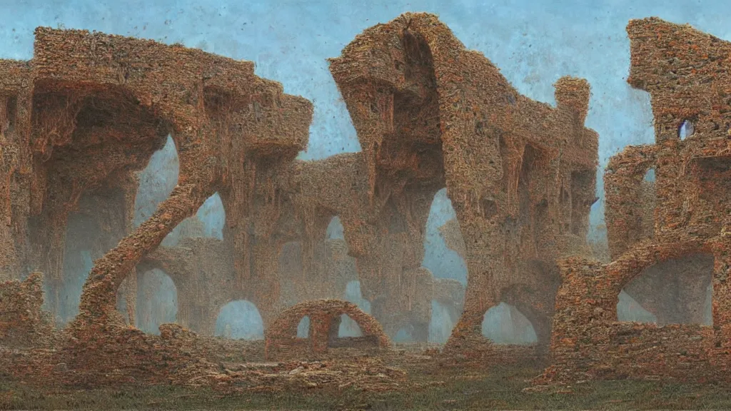 Prompt: ancient ruined relics symbolizing preponderance by beksinski and peter gric and bruce pennington