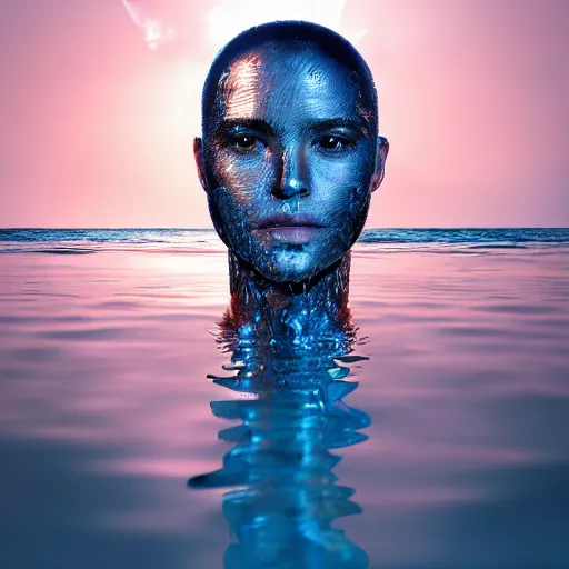 Image similar to water artwork manipulation in the shape of a human head, on the ocean water, futuristic style, hyper realistic, ray tracing, realistic water, sharp focus, long shot, 8 k resolution, cinematic, photoshop water art