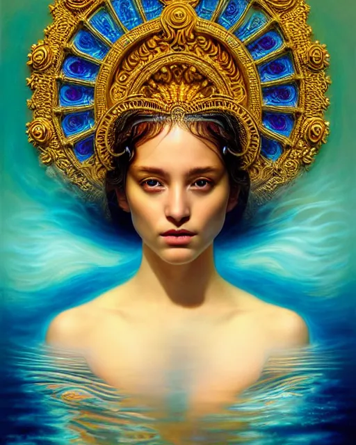 Image similar to portrait of the beautiful young goddess of water, unusual beauty, etheric, outworldly colours, emotionally evoking symbolic metaphors, head in focus, ornamental, intricate, elegant, highly detailed hyperrealistic painting, artstation, concept art, painterly, golden ratio, sharp focus, illustration, art by sarah joncas,