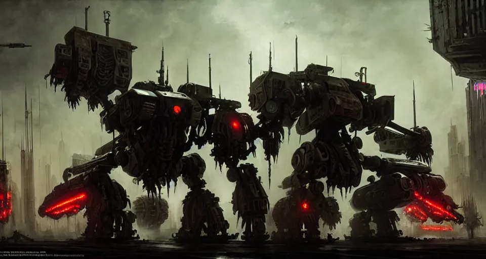 Image similar to zombie - flesh - battlemech, in a cyberpunk gothic city hyper realistic sci - fi matte concept art painting of dramatic cinematic scene, guns, missiles, explosions, beautiful details, strong composition painted by kim jung guweta studio rutkowski, james gurney and greg rutkowski, and lucasfilm, smooth, intricate, detailed, sharp focus, cinematic