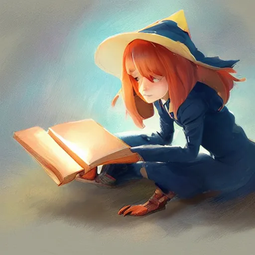 Image similar to little witch opening a book, artwork by cushart, krenz