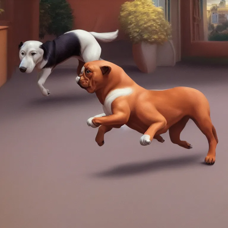 Image similar to A muscular dog running , Fernando Botero, cinematic lighting, photorealistic image, 8k, ultra detailed, high resolution,