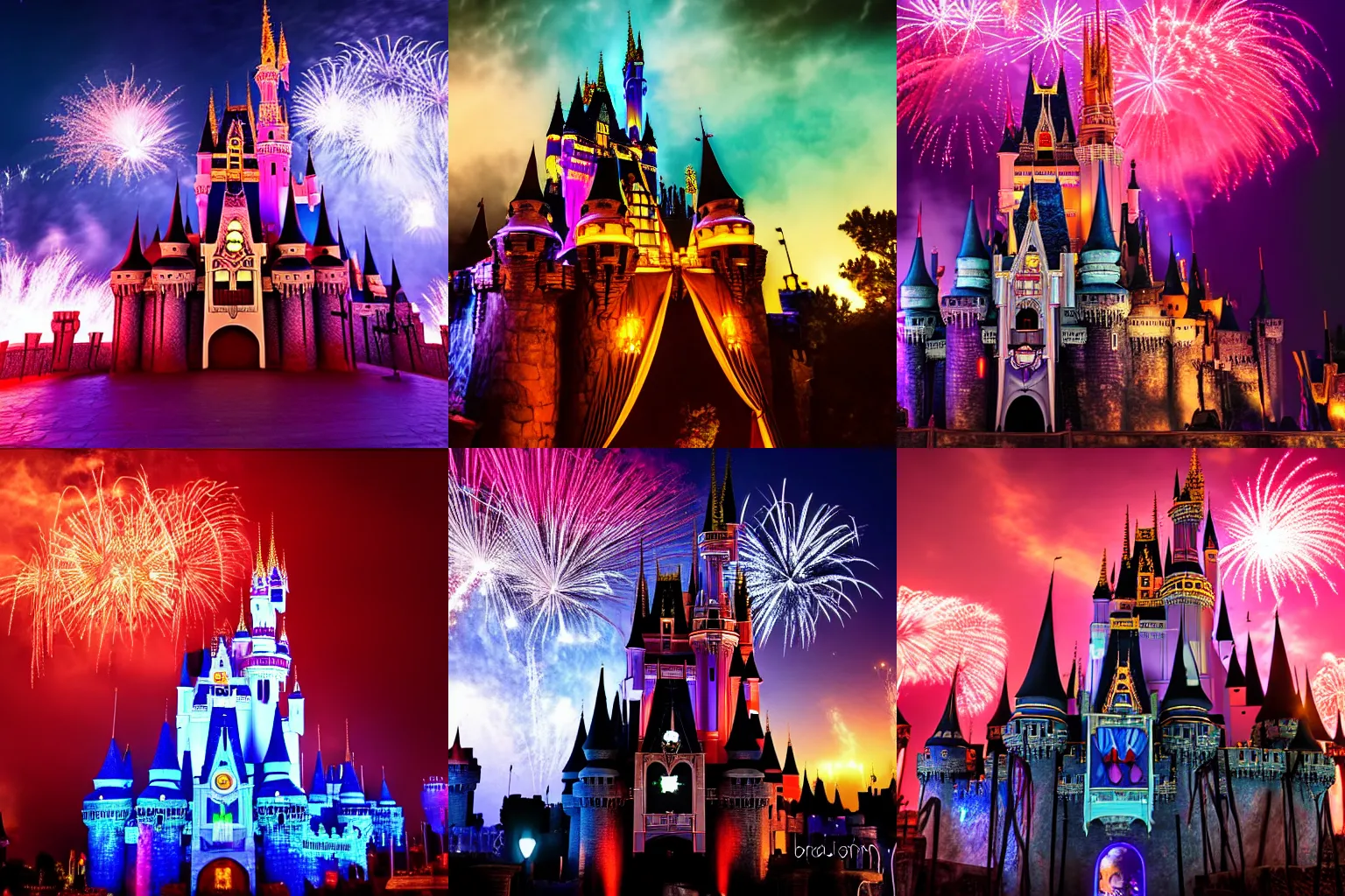 Prompt: Dracula\'s Castle inside Disney World at night, sky with fabulous fireworks, ultra realistic, dramatic light, 4k