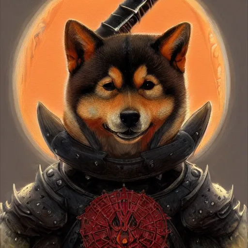 Image similar to anthropomorphic shiba inu, berserk anime guts armor and two hand guts sword, red light aura, fantasy, dark, portrait art by donato giancola and greg rutkowski, realistic face, visible aura, digital art, trending on artstation, symmetry