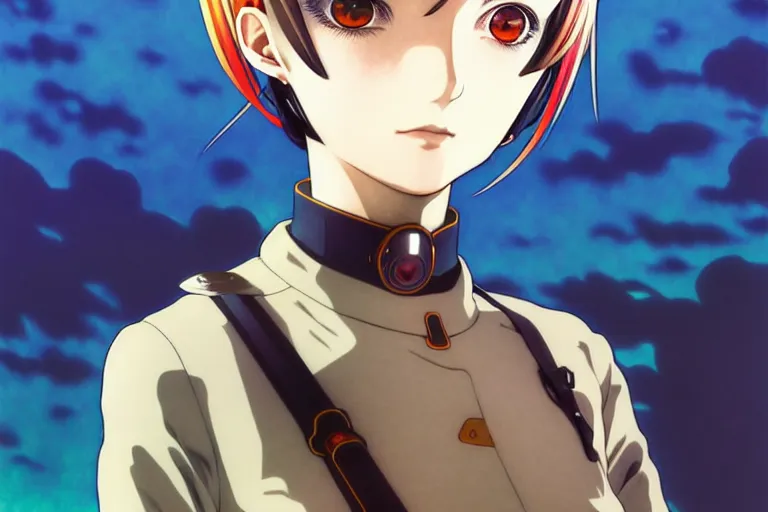 Image similar to last exile, ilya kuvshinov illustration colorful anime portrait of reol leaning concrete wall, murata range, fine detail, perfect anime face, dramatic lighting, dynamic composition, moody, vivid, fine stippled lighting, grain, art deco, cel shading, rich texture, takashi murakami, yoshinari yoh, alphonse mucha