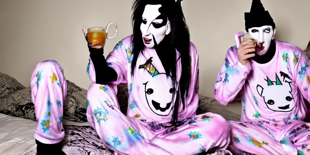 Image similar to photo of marilyn manson in a unicorn pajamas, drinking chamomile tea, 8 k, highly detailed