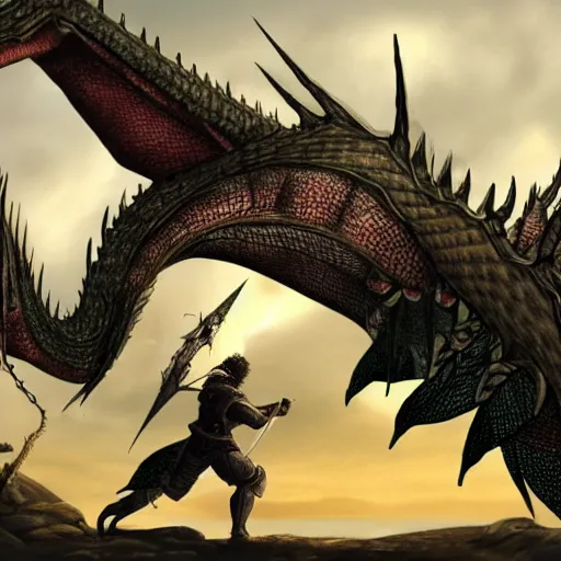 Image similar to a knight facing down a giant dragon