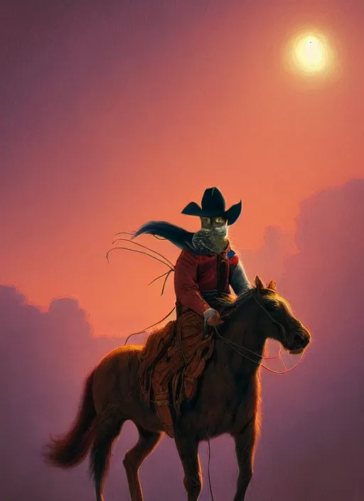 Prompt: a post - minimalism cat wearing cowboy hat riding horse vibrant color scheme, highly detailed, in the style of romanticism, cinematic, artstation, moebius, greg rutkowski