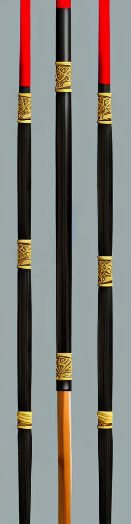 Image similar to single wooden long straight thin ninja fighting staff with oriental ornaments, weapon, highlight, vertical, centred, highly symmetric, sci - fi, fantasy, japan, dnd, close shot, bright uniform background, directional lighting, digital art, hyperrealism, award winning, 8 k