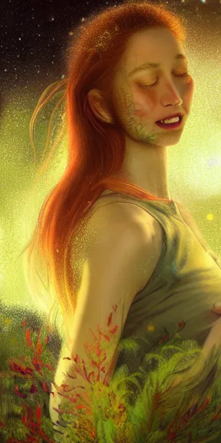 Image similar to infp young woman, smiling amazed, golden fireflies lights, amidst of nature fully covered, long loose red hair, intricate linework, bright accurate green eyes, small nose with freckles, oval shape face, realistic, expressive emotions, dramatic lights spiritual scene, hyper realistic ultrafine art by artemisia gentileschi, jessica rossier, boris vallejo
