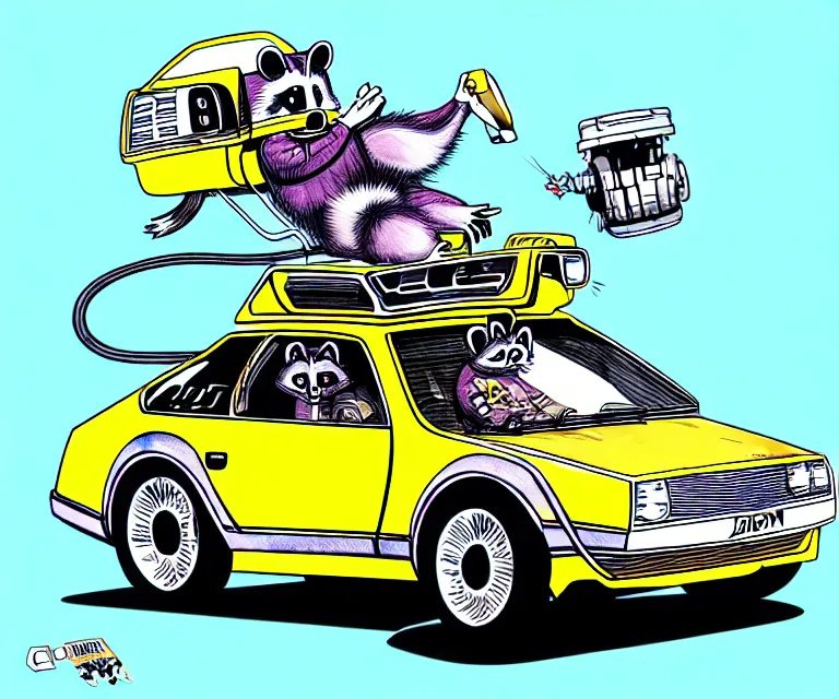 Image similar to cute and funny, racoon wearing a helmet riding in a tiny hot rod dmc delorean with oversized engine, ratfink style by ed roth, centered award winning watercolor pen illustration, isometric illustration by chihiro iwasaki, edited by range murata