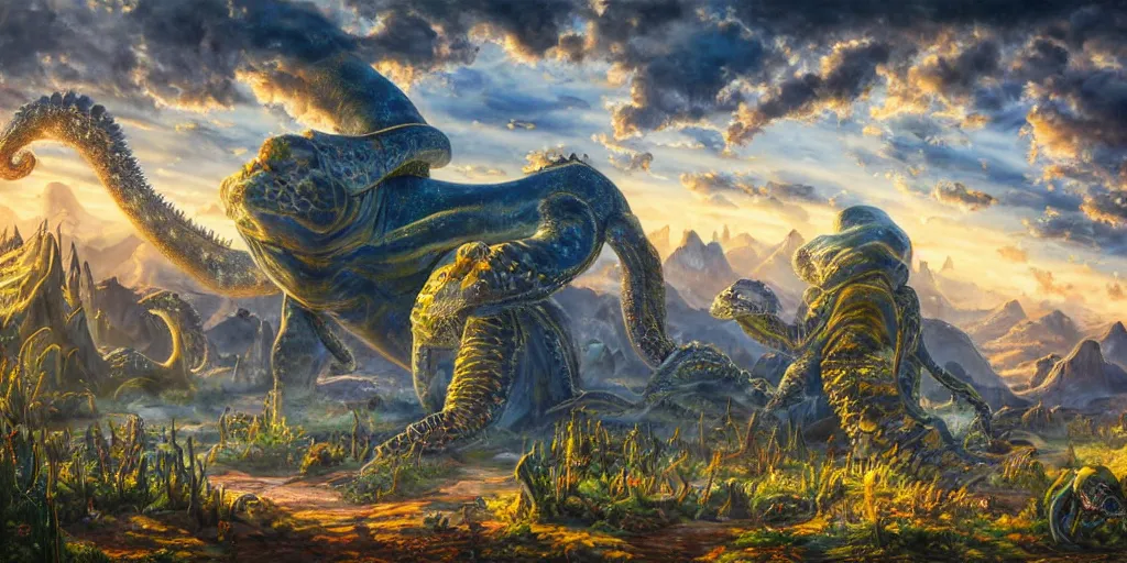 Image similar to fantasy oil painting, great leviathan, cybernetic turtle cephalopod terrapin reptilian pachyderm squid, bella hadid, hybrid, milla jovovich, anubis, epic natural light, lush plants flowers, spectacular mountains, bright clouds, luminous sky, outer worlds, golden hour, michael cheval, edward hopper, michael whelan, vray, hd