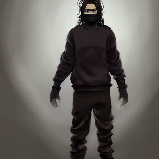 Image similar to professional digital art of a young adult man with slightly long hair wearing a black face mask and an oversized dark sweatshirt and dark sweatpants, high quality, HD, 8K, highly detailed, award-winning, sci-fi, fantasy, movie, concept