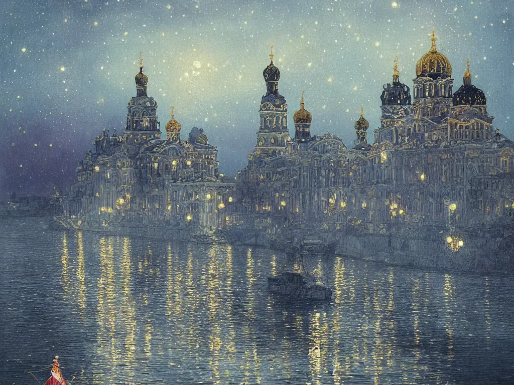 Image similar to a view from the neva river in saint petersburg at night with the sky full of stars, intricate, elegant, highly detailed, digital painting, artstation, concept art, smooth, sharp focus, colored illustration for tattoo, art by krenz cushart and artem demura and alphonse mucha,