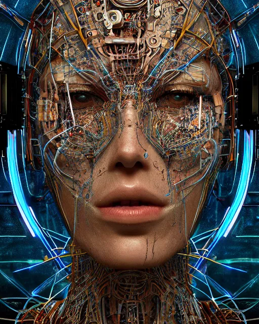 Image similar to timeless cybernetic deity with circuitry skin and networked mind tripping on acid, intricate detail, royo, whealan, giger, klimt, hd, octane render, unreal engine,