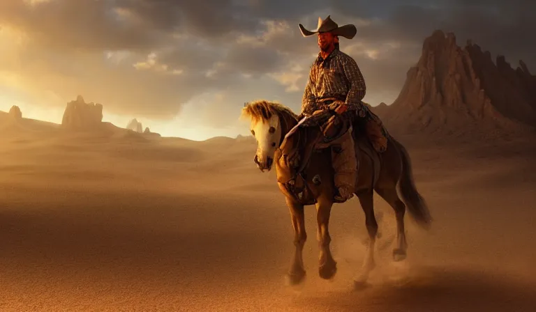 Image similar to cowboy ridding through the desert on a horse, sharp focus, intricate, elegant, digital painting, artstation, matte, highly detailed, concept art, illustration, volumetric lighting, bokeh light, art by greg olsen and liz lemon swindle