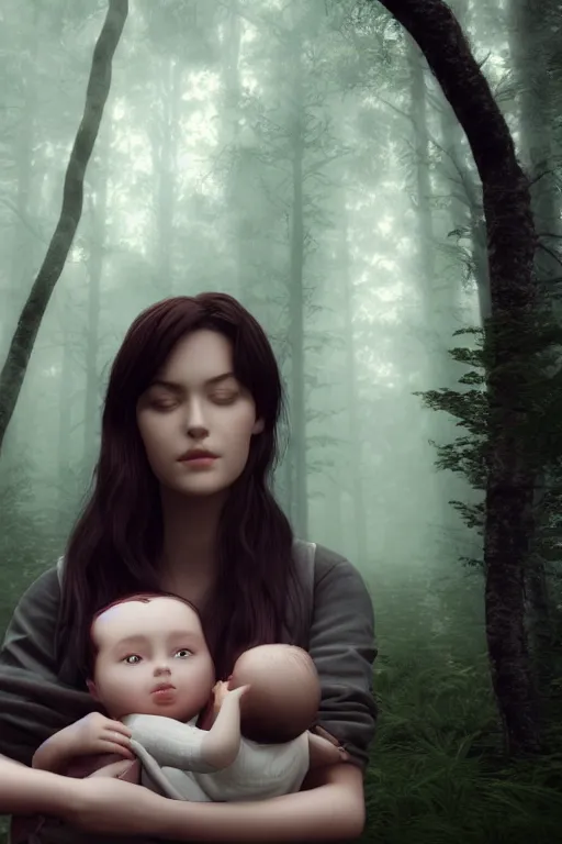 Image similar to a cinematic shot of a young woman with dark hair holds a baby in a dark, foggy forest, octane render, nvidia raytracing demo, closeup, masterpiece