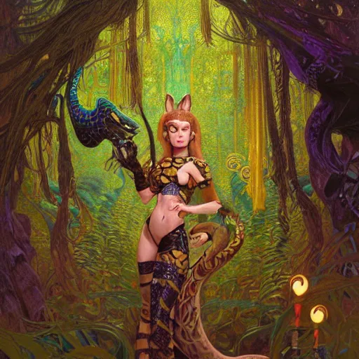 Image similar to a portrait of a female snake wearing ornate plastic armor at night in a dark forest. zootopia fursona furaffinity furry art detailed face painting by roger dean and gaston bussiere craig mullins jc leyendecker gustav klimt artgerm greg rutkowski furry