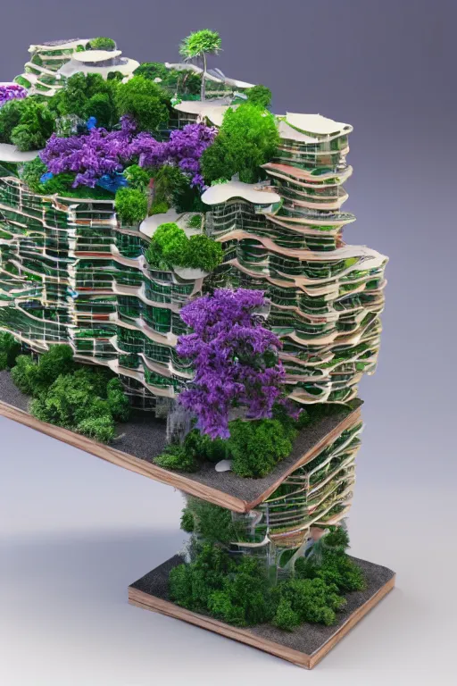 Image similar to 3 d printed physical model organic flowy including more than one city into one vertical building model that sits on a table in a room with a view back, multiple stories, transparent, with vegetation, colorful, wooden material, section cut, eye - level view, 8 0 k, octane render, highly detailed 3 d render,