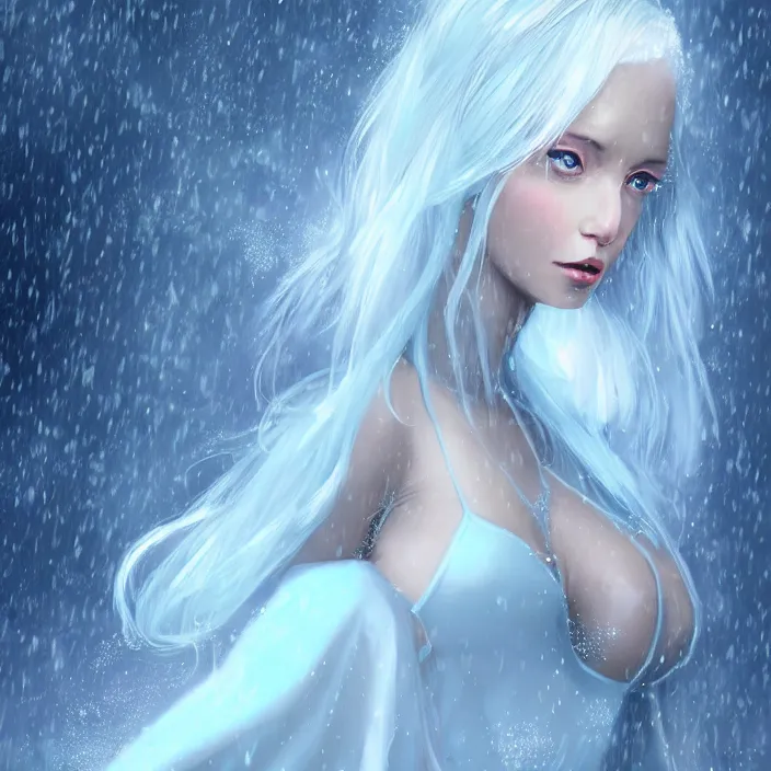 Image similar to full body portrait of a stunningly beautiful woman with pale blue hair wearing a dress made out of snowflake in the middle of a heavy snowstorm. award - winning digital art, trending on artstation