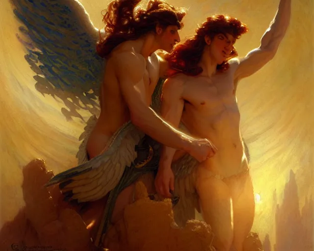 Image similar to attractive angel male deity, casting magic, summoning handsome lucifer morning star. highly detailed painting by gaston bussiere, craig mullins, j. c. leyendecker 8 k