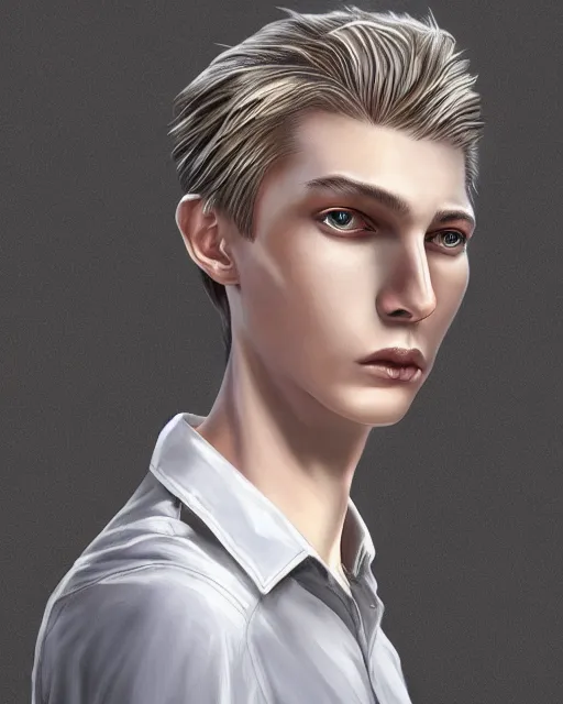 Image similar to portrait of 1 5 - year - old boy, a tall, slender boy with a pale, pointed face, sleek blond hair, and ice grey eyes, wearing in shirt, hyper realistic face, beautiful eyes, character art, art by mark brooks, hyperdetailed, cryengine, trending on artstation, digital art