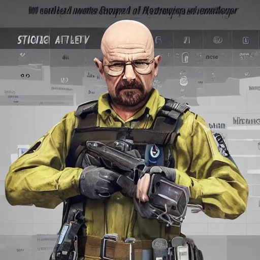 Image similar to walter white as a rainbow six siege operator, 4 k, highly detailed