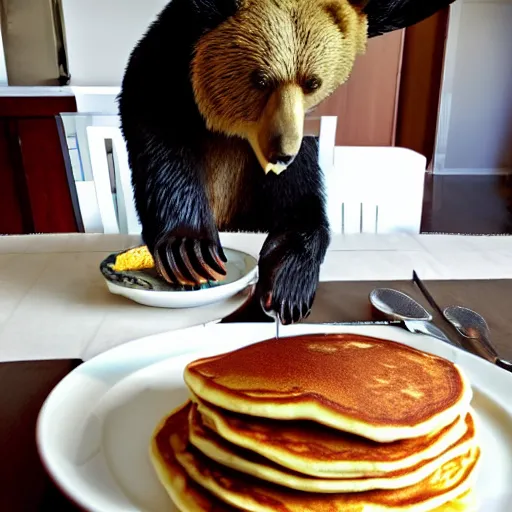 Prompt: a bear eating Pancakes