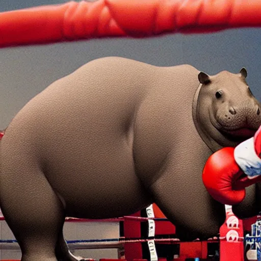 Image similar to Photorealistic hippos in a boxing match