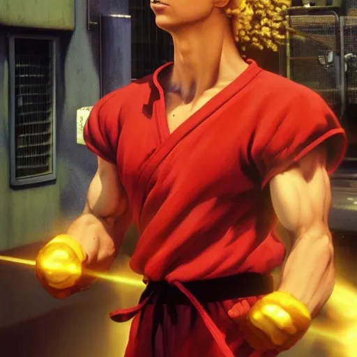 Image similar to michael cera as ken masters street fighter, ultra realistic, concept art, intricate details, highly detailed, photorealistic, octane render, 8 k, unreal engine, art by frank frazetta, simon bisley, brom