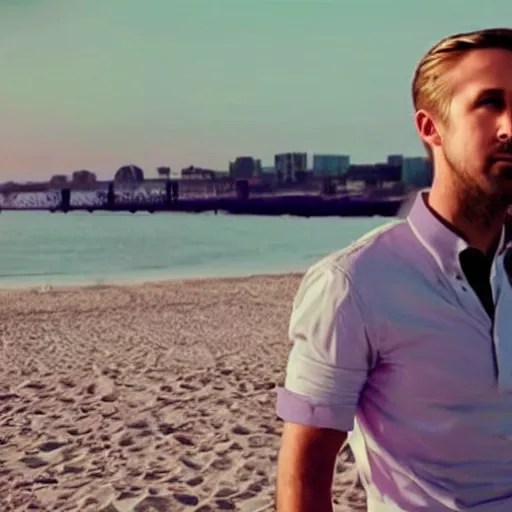 Image similar to ryan gosling robotic clothes in the beach purple sun, pink lighting ultra realistic photorealistic highly detailed high quality 8 k