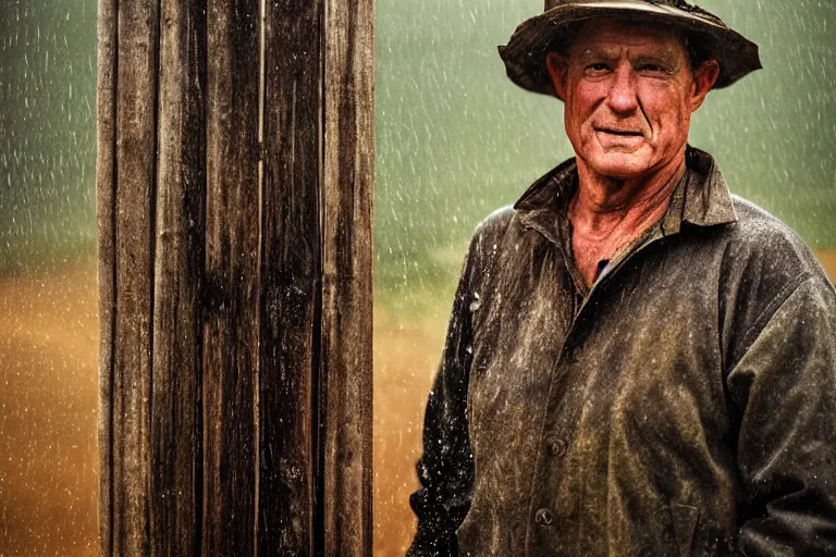 Prompt: a cinematic headshot portrait of a farmer, stood outside a wooden cabin, rain, ultra realistic, dramatic lighting, by annie leibovitz