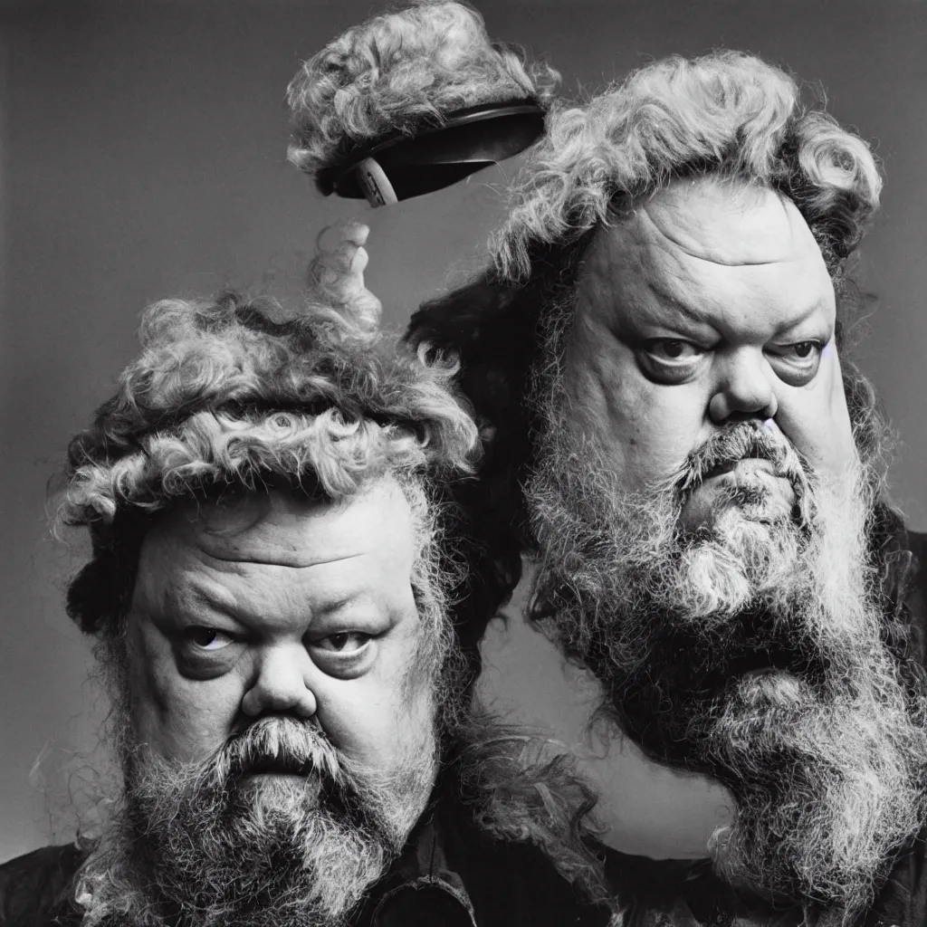 Image similar to An Alec Soth portrait photo of Orson Welles as Falstaff, wearing multiple helmets