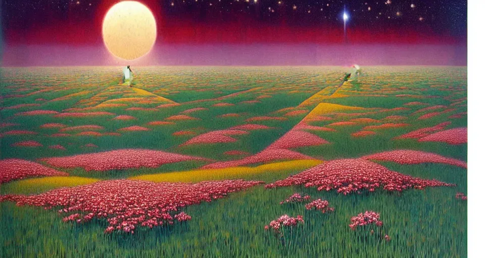 Prompt: a beautiful painting of a large perfectly cut hedge garden a field of flowers by moebius, underneath a star filled night sky, harold newton, zdzislaw beksinski, donato giancola, warm coloured, gigantic pillars and flowers, maschinen krieger, beeple, star trek, star wars, ilm, atmospheric perspective