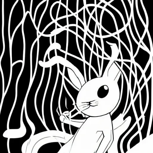 Image similar to black - and - white line art illustration of a rabbit deep in a tangled forest, smoking a cigarette, with smoke rising, whimsical masterpiece