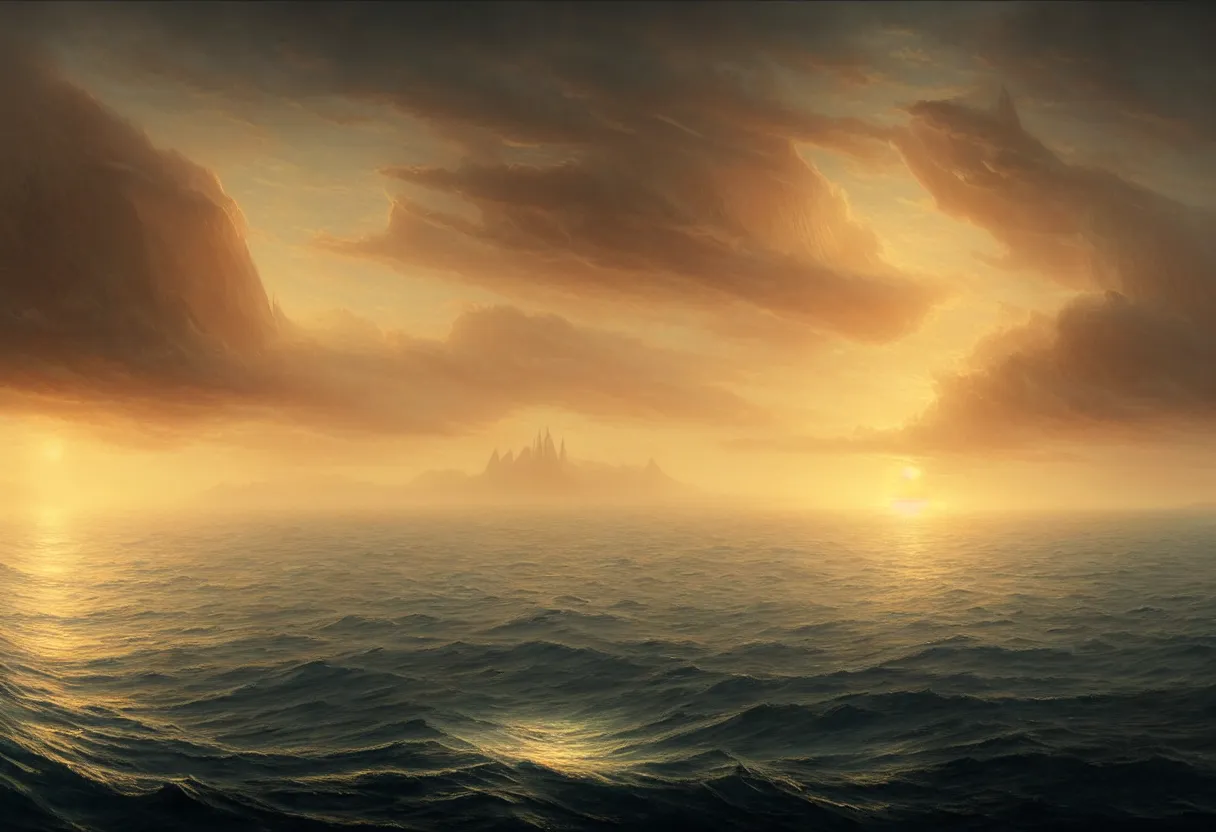 Image similar to strange sea surface of autumn planet at sunset, sailing ship on horizon, ultra high definition, ultra detailed, symmetry, fog, matte painting, by greg rutkowski and ross tran and wlop