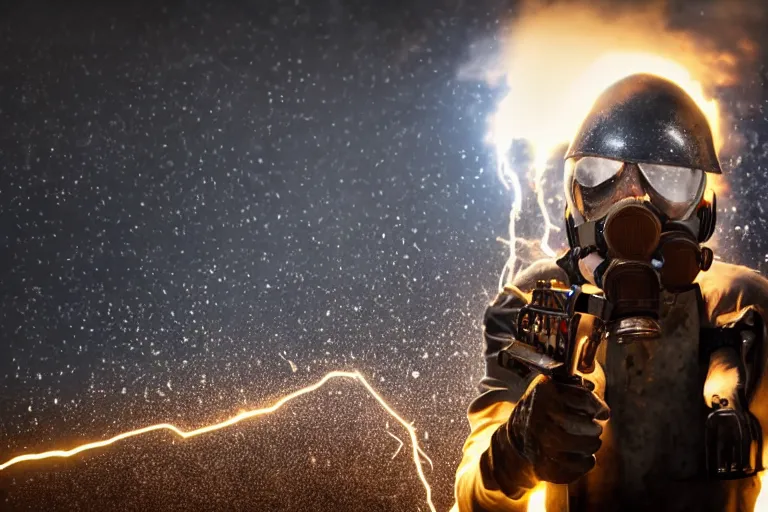 Prompt: human covered in light and explosions electricity shellshock devices, flamethrower, lightning blast, shiny steel armor, dust particles, covered in dust, grind, rocks, dark clouds, rainy