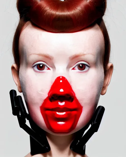 Image similar to symmetrical close - up portrait of a woman wearing a red silicone beauty mask and hair buns, wearing a black bodysuit by alexander mcqueen, cream white background, soft light, biotechnology, humanoide robot, bjork aesthetic, translucent, by rineke dijkstra, masterpiece,