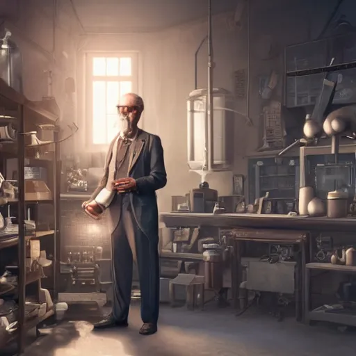 Image similar to muted colors, steampunk, 3 d octane render, unreal engine, realistic, and old professor standing in his laboratory inspecting gadgets, detailed, cinematic lighting