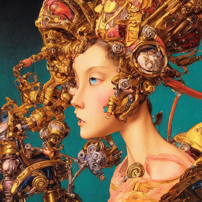 Prompt: a baroque neoclassicist close - up renaissance portrait of a teal and orange iridescent whimsical 1 8 0 0 s japanese mecha gundam butterfly witch. reflective detailed textures. glowing eyes, dark background. highly detailed fantasy science fiction painting by moebius, norman rockwell, frank frazetta, and syd mead. rich colors, high contrast. artstation