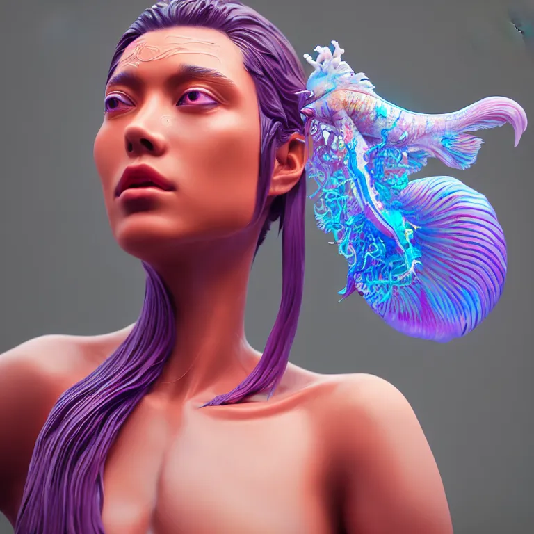 Image similar to goddess full painted acryllic sculpture close-up portrait. orchid bird phoenix jellyfish betta fish, intricate artwork by Tooth Wu and wlop and beeple. octane render, trending on artstation, greg rutkowski very coherent symmetrical artwork. cinematic, hyper realism, high detail, octane render, 8k