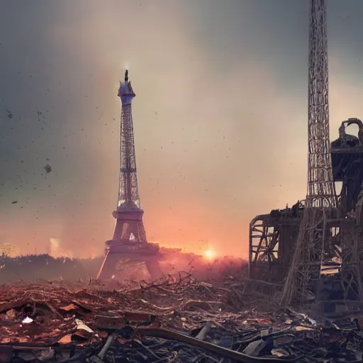 Image similar to A beautiful intricate 8K award-winning ground-level cinematic movie photograph of the future rusting rubble of the fallen and decimated Eiffel Tower, lying in pieces on the ground, surrounded by neon and collapsing corporate video billboard displays. in the year 2050, by Bruno Delbonnel and greg rutkowski. octane render, Arri Alexa 65. Cinematic lighting