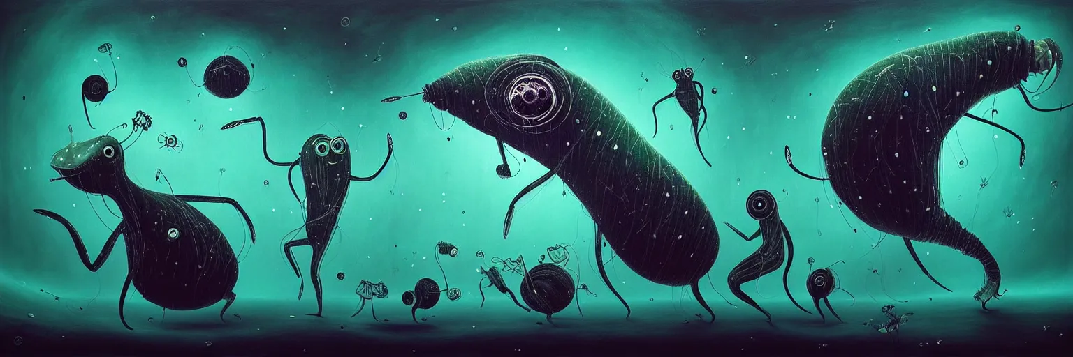 Image similar to whimsical surreal wild plankton creatures, surreal dark uncanny painting by ronny khalil