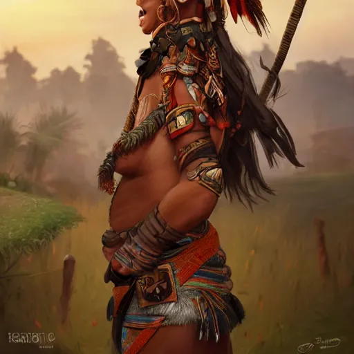 Image similar to hyperrealistic very beautiful tribal warrior women in front of a village, lucious appearance, joyful vibe and lighting, cgsociety, artstation, in the style of artgerm